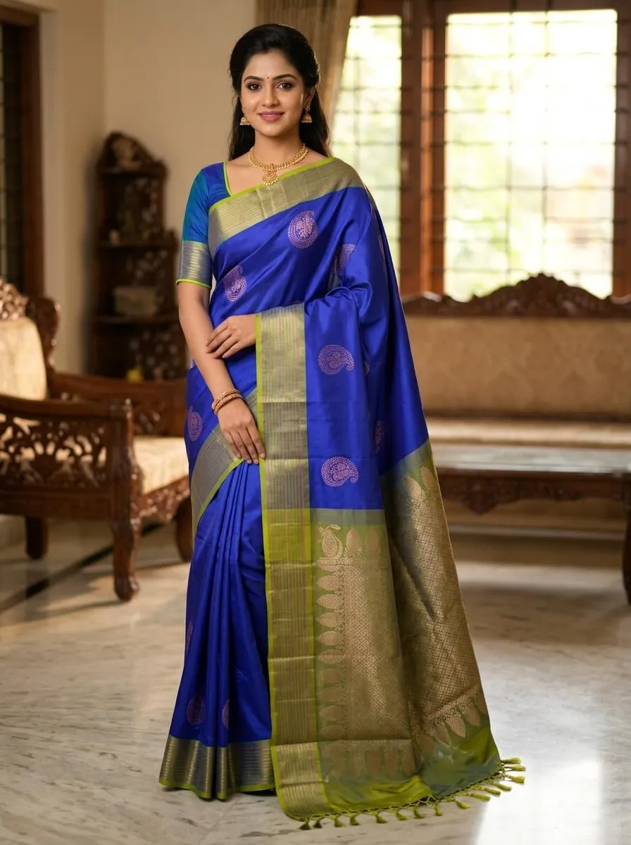 Royal Blue & Olive Green Silk Saree